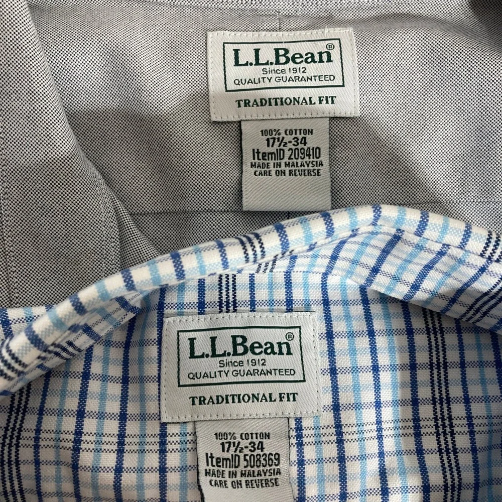 Lot 2 LL Bean Mens Traditional Fit Button‎ Down Shirt  Blue Plaid Gray 17.5 x 34